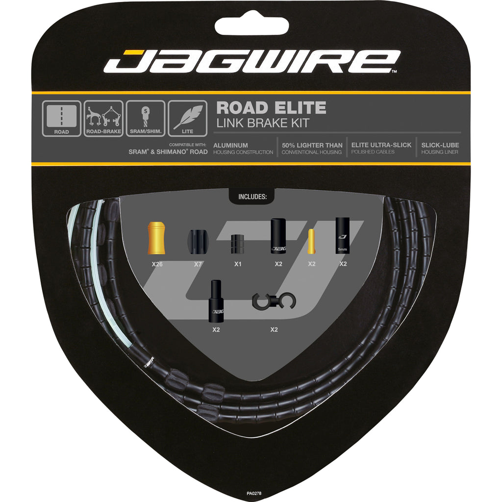 Jagwire Elite Link brake cables for road bikes, part of the RCK700 DIY kit, showing black cables with metal fittings.