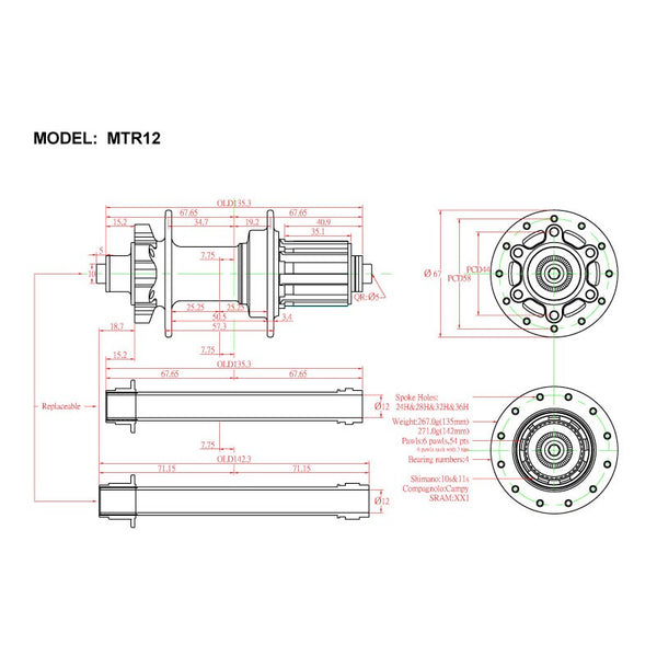 Black Bitex MTR12 rear hub with disc ISO, quick release, Shimano 11-speed compatibility, and ABS features for mountain bikes.