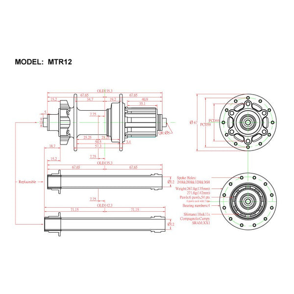 Bitex Rear Hubs | MTR12 Disc ISO, Thru Axle, Shimano 11-Speed(w/abs) - Cycling Boutique