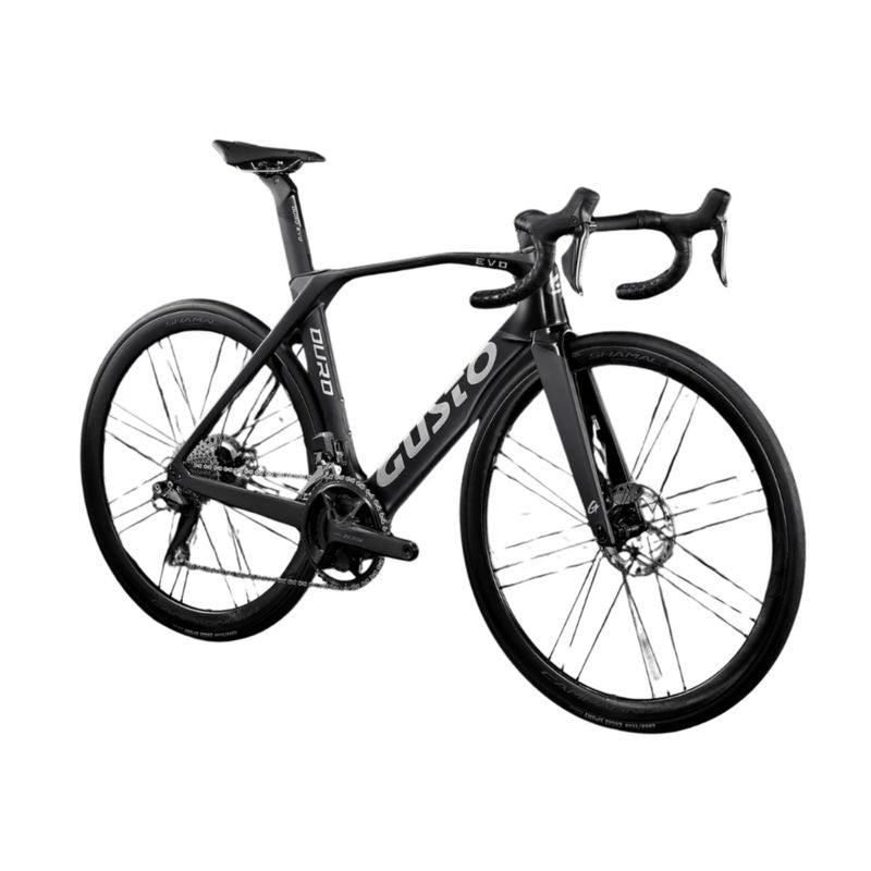 Gusto Duro Evo 105 road bike with 12-speed gears, Fulcrum Racing 800 disc brakes, lightweight frame, and sleek design.