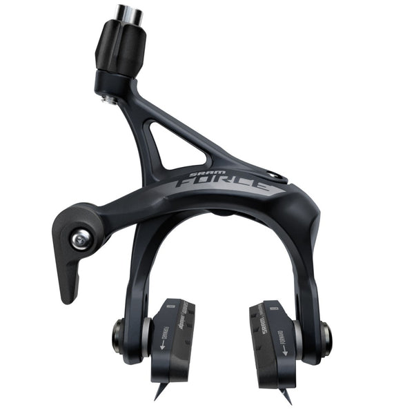 SRAM Force rim brake calipers set showing rear brake caliper mounted on a bicycle wheel for road bike braking.