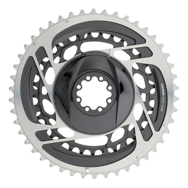 SRAM Red AXS 2x12-speed chainrings set with grey finish, direct mount design, includes 46T and 33T chainrings for high-performance cycling.