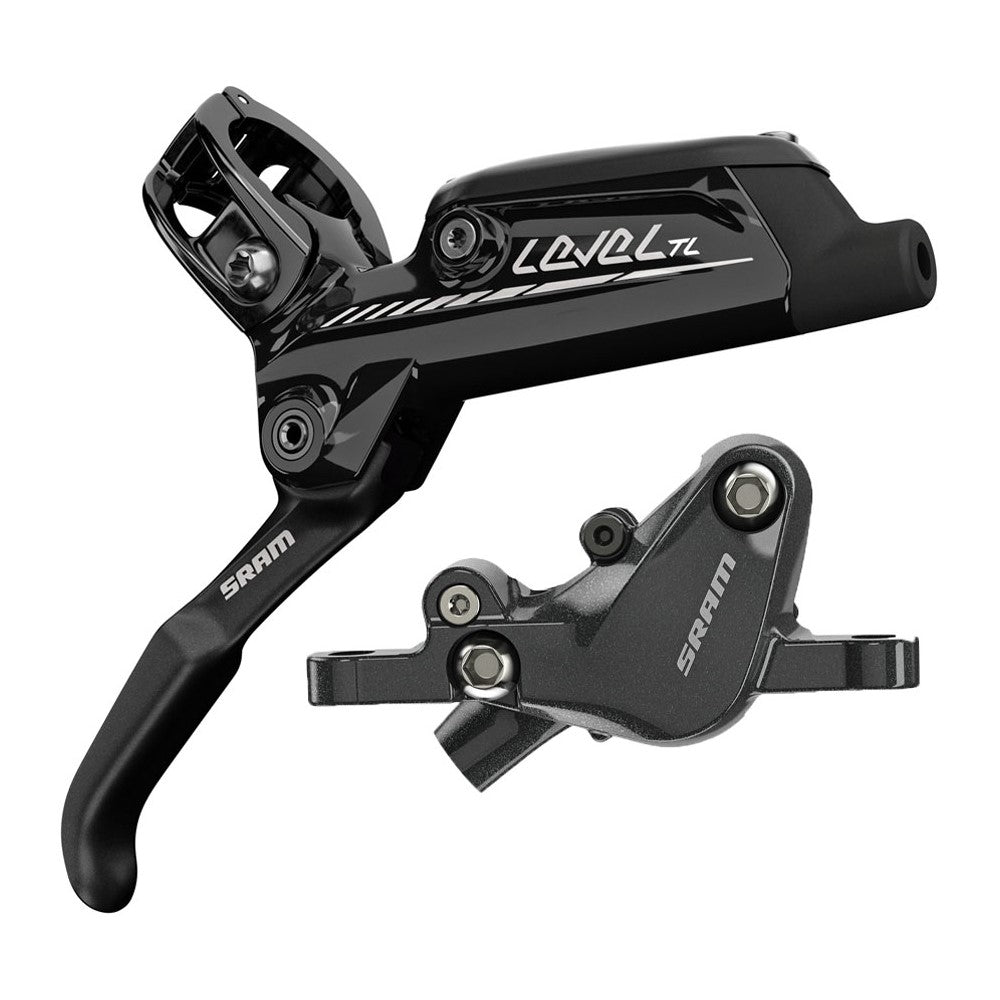 SRAM Level TL hydraulic disc brake in black, shown from the front left side, featuring the disc brake caliper and rotor.