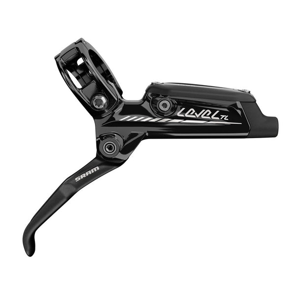 SRAM Level TL hydraulic disc brake in black, showing the left-front view with brake lever and rotor for mountain biking.