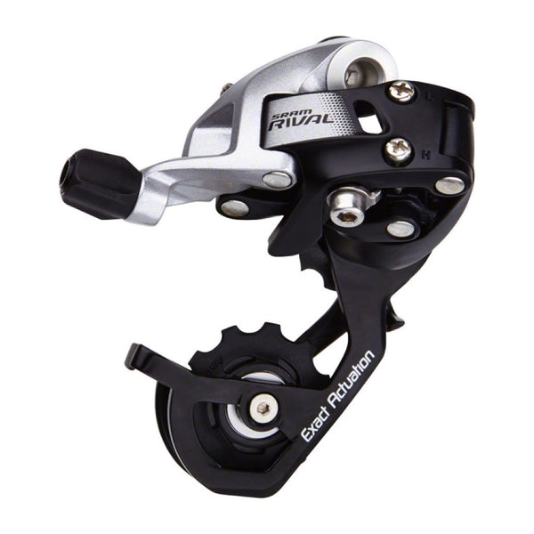 SRAM Rival 22 11-speed rear derailleur in black and silver, short cage, designed for smooth gear shifting on bicycles.