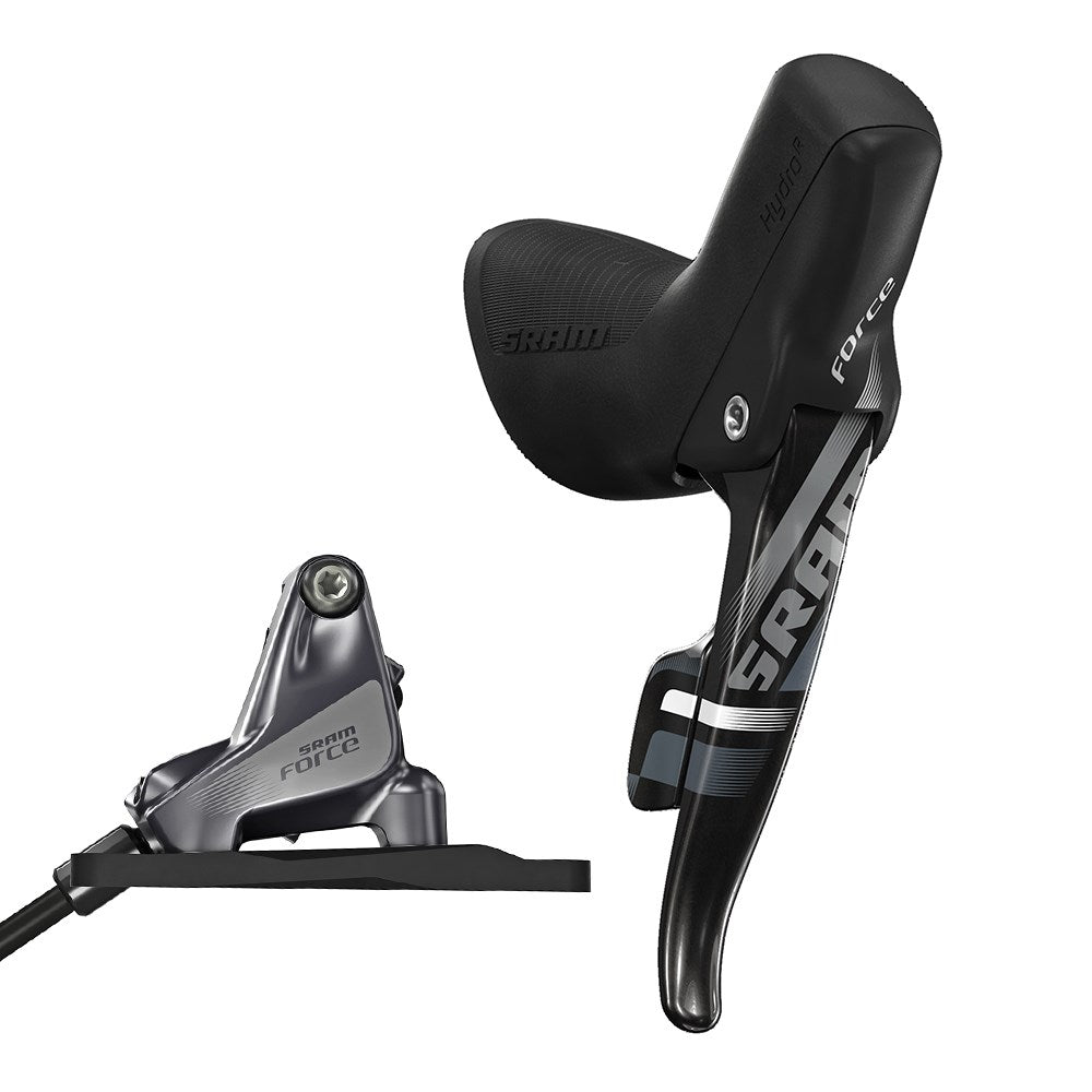 SRAM Force HRD 2x11-speed shifters with hydraulic disc brake caliper mounted on a bike's right rear side.