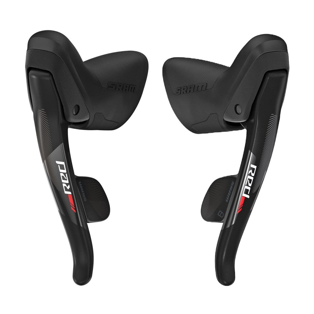 SRAM Red 2x11-speed bike shifters with ergonomic levers for precise gear changes on left and right sides.