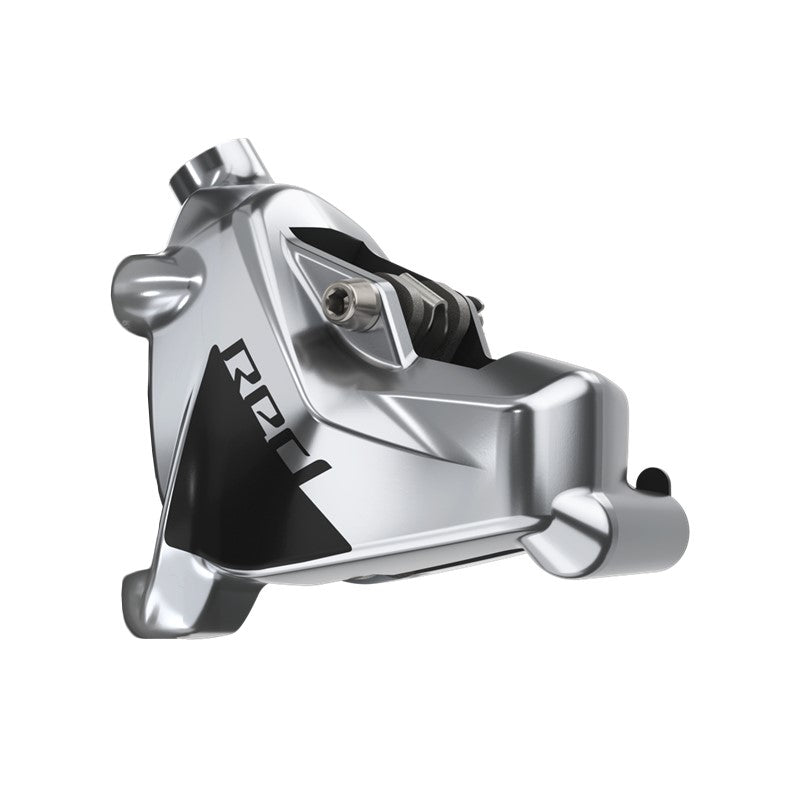 Red SRAM disc brake caliper for AXS flat mount, compact small parts for mountain bike or road bike braking system.