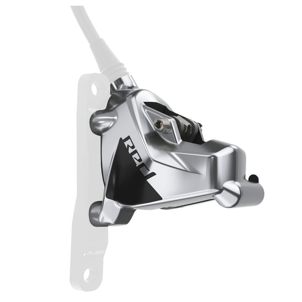 Red SRAM Small Parts Disc Brake Caliper for AXS flat mount mountain bike, showcasing the precise brake mechanism and mounting details.