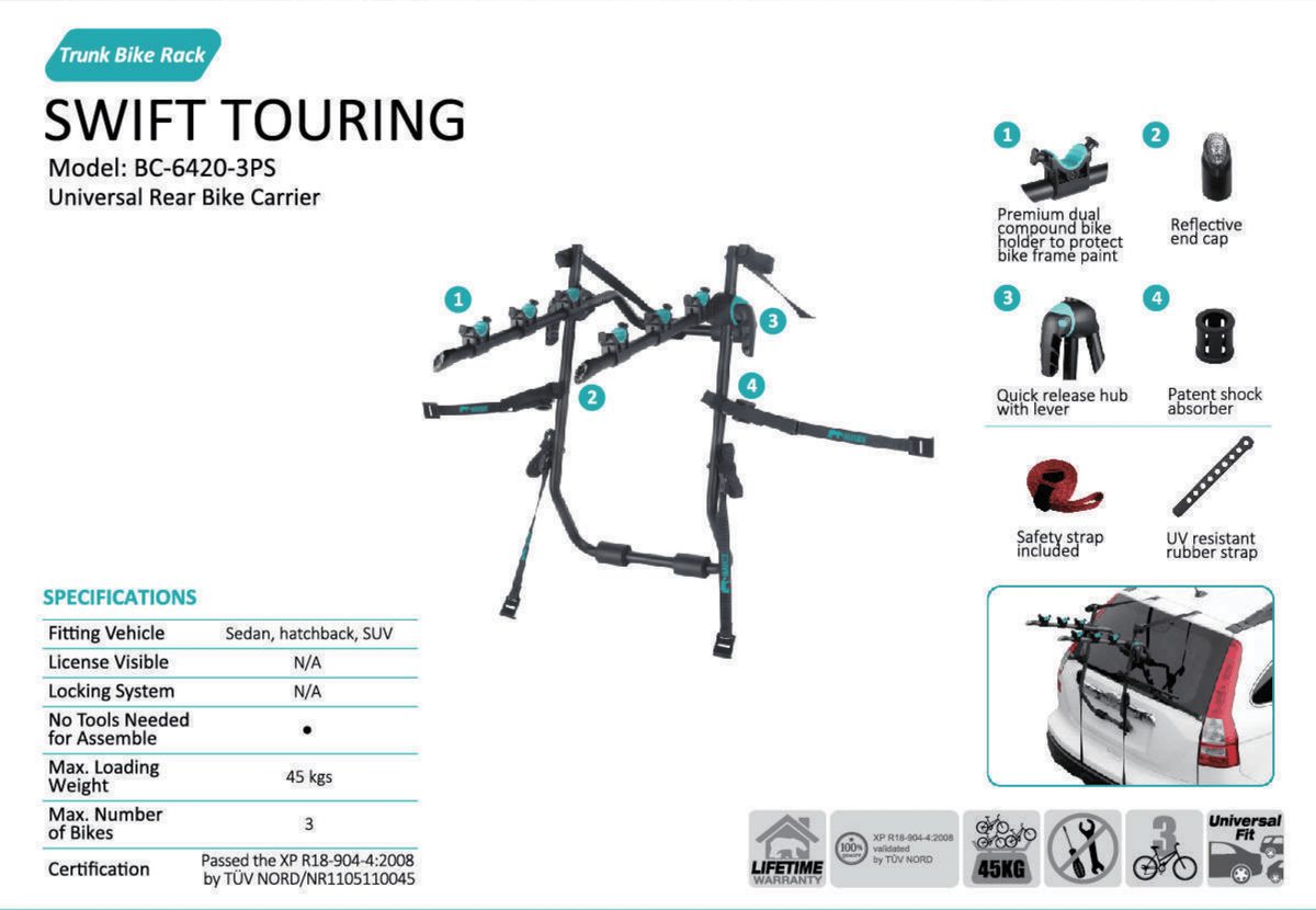 BnB Trunk Bike Rack Swift Touring BC-6420-3PS