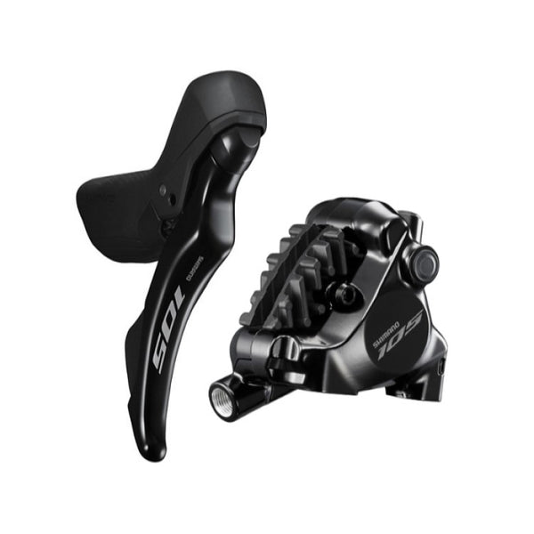 Shimano 105 hydraulic disc brake shift and brake lever set, 2x12-speed, assembled for right rear bike application.