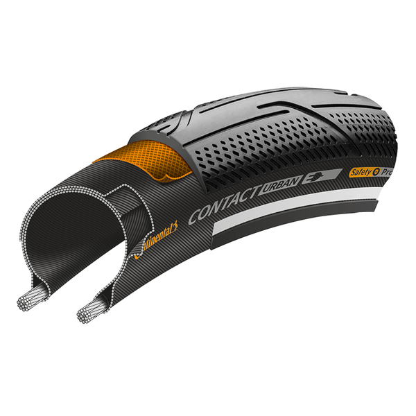 Continental Contact Urban E50 tire for city and e-bike, showing its tread pattern and sidewall design for fast rolling urban riding.