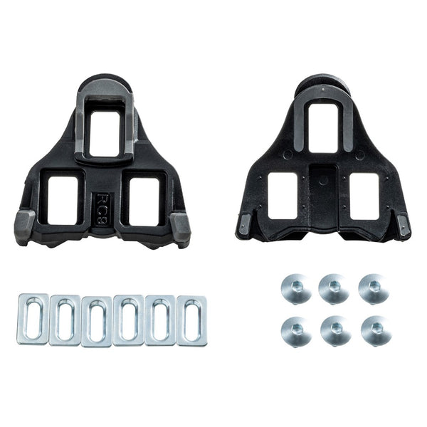 WellGo RC-9 Cleats for road pedals, SPD-SL compatible, black plastic and metal construction, designed for secure cycling shoe attachment.