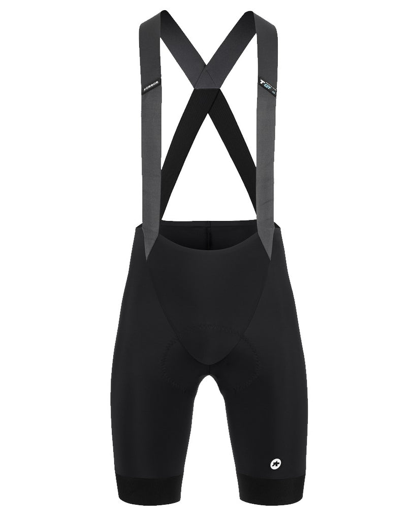 Black Assos of Switzerland Mille GT C2 Bib Shorts, close-up of comfortable cycling shorts with logo detail.