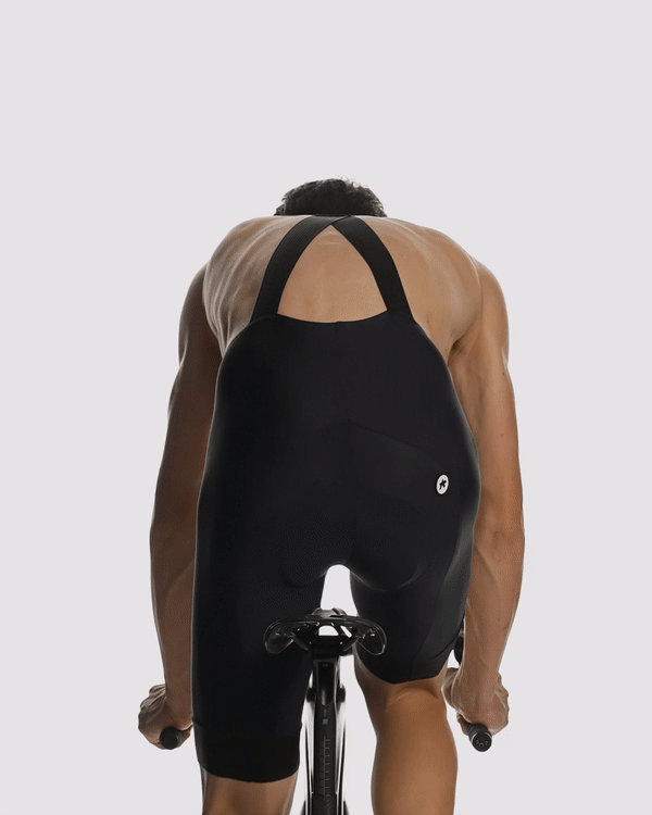 Black Assos of Switzerland Mille GT C2 bib shorts for cycling, featuring padded chamois and streamlined design.