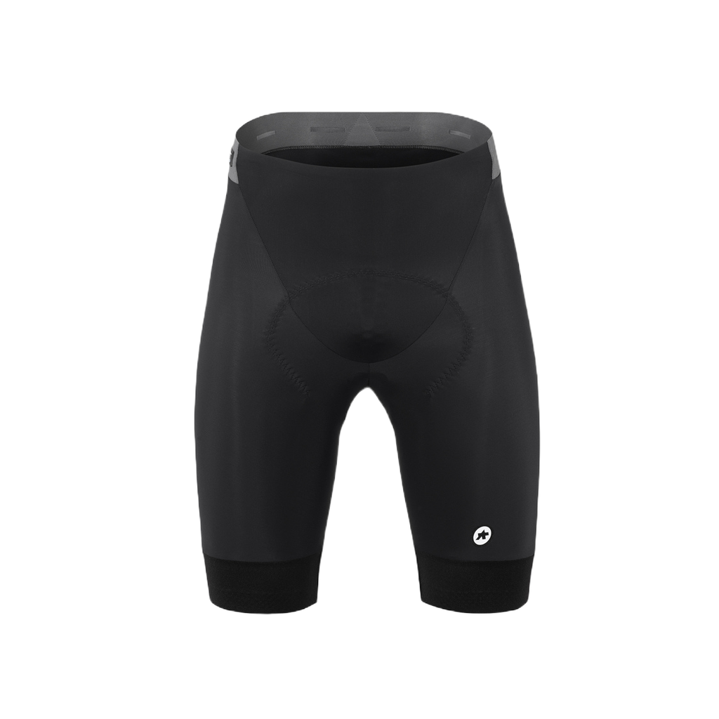 Black Assos of Switzerland Mille GT C2 cycling shorts for men, shown on a mannequin.
