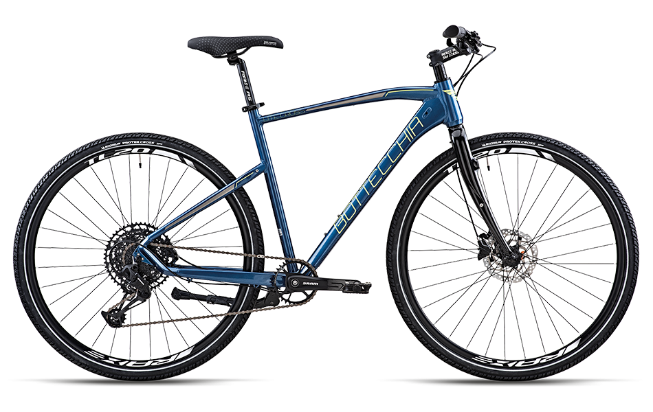 Blue Bottecchia hybrid bike with SRAM Eagle 12-speed drivetrain and remote lockout suspension, suitable for versatile riding.