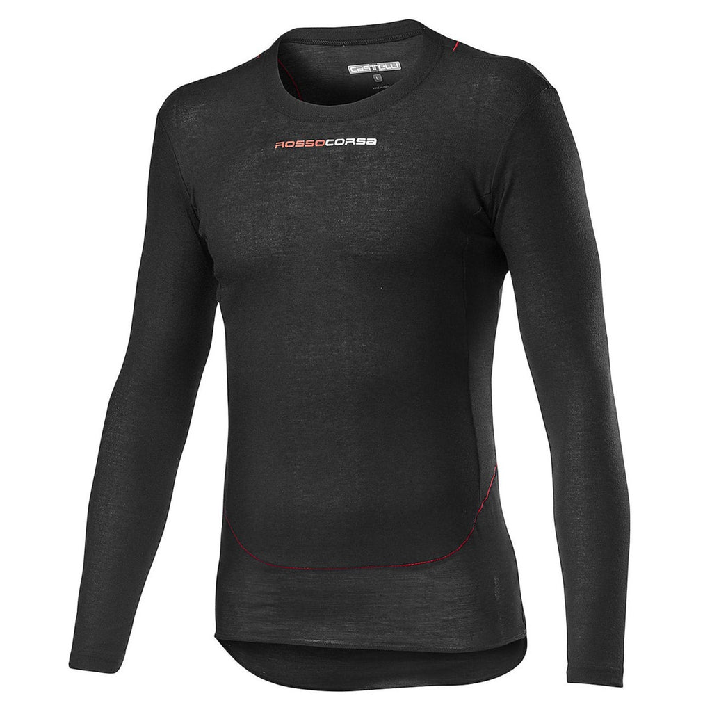 Black Castelli Prosecco Tech long sleeve base layer for winter, designed for warmth and moisture management during cold weather.
