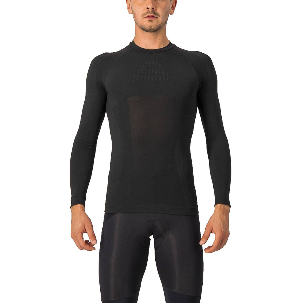 Black Castelli seamless long sleeve base layer for winter, designed for warmth and comfort during cold weather activities.