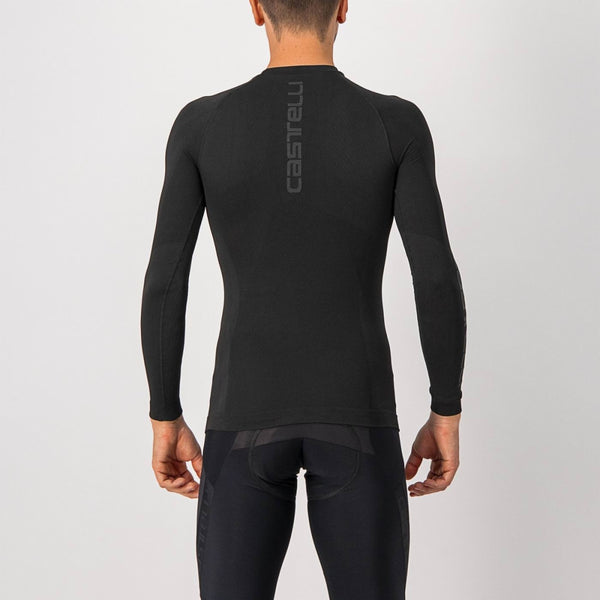 Black Castelli base layer seamless long sleeve for winter, lightweight thermal top designed for cold weather activities.
