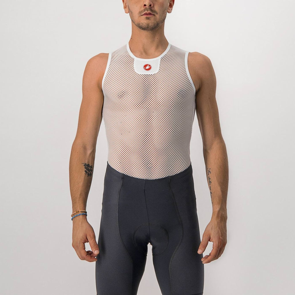 White Castelli Core Mesh 3 Sleeveless Base Layer showing lightweight, breathable fabric and sleek fit for active sportswear