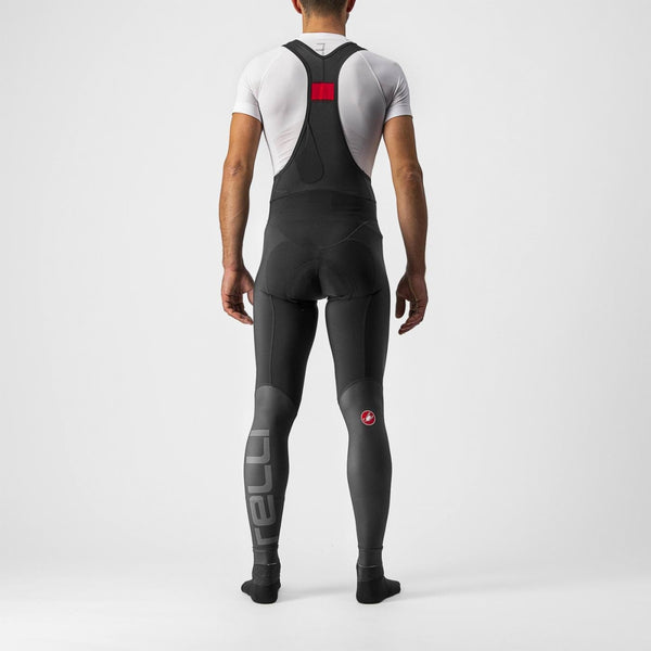Black Castelli lightweight winter bib tights for cycling, designed for warmth and comfort in cold weather.