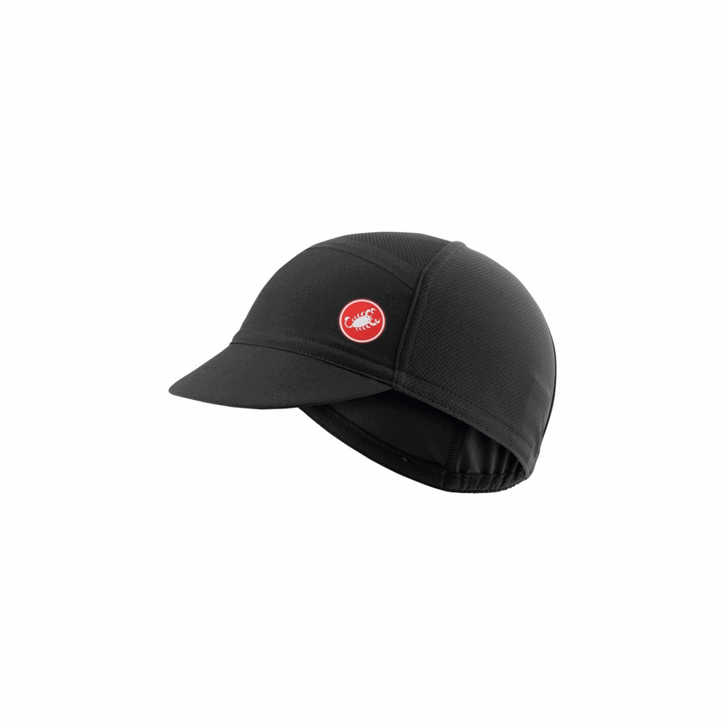 Black Castelli Ombra cap, unisex cycling cap with breathable fabric and sporty design, suitable for all weather conditions.