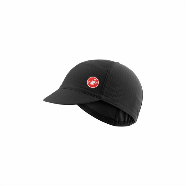 Black Castelli Ombra cap for men and women, lightweight and breathable, designed for cycling and outdoor activities.