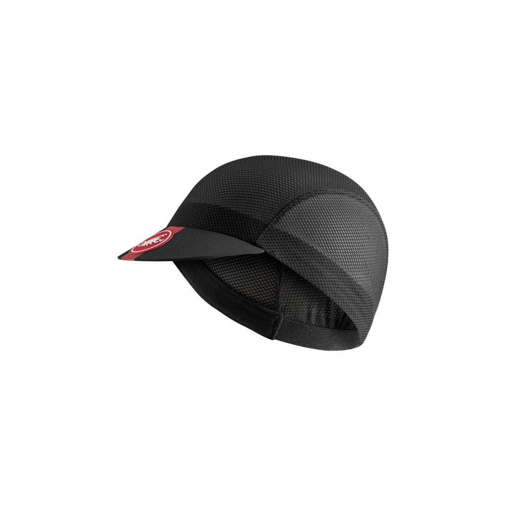 Black Castelli A/C cycling cap from Castelli Headwear, featuring breathable fabric and a stylish, lightweight design for cycling.