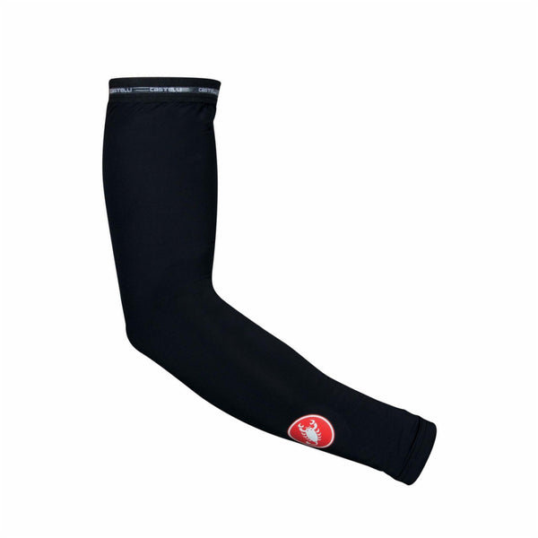 White Castelli UPF 50+ Arm Sleeves for cooling and warming, designed for outdoor sports and sun protection.