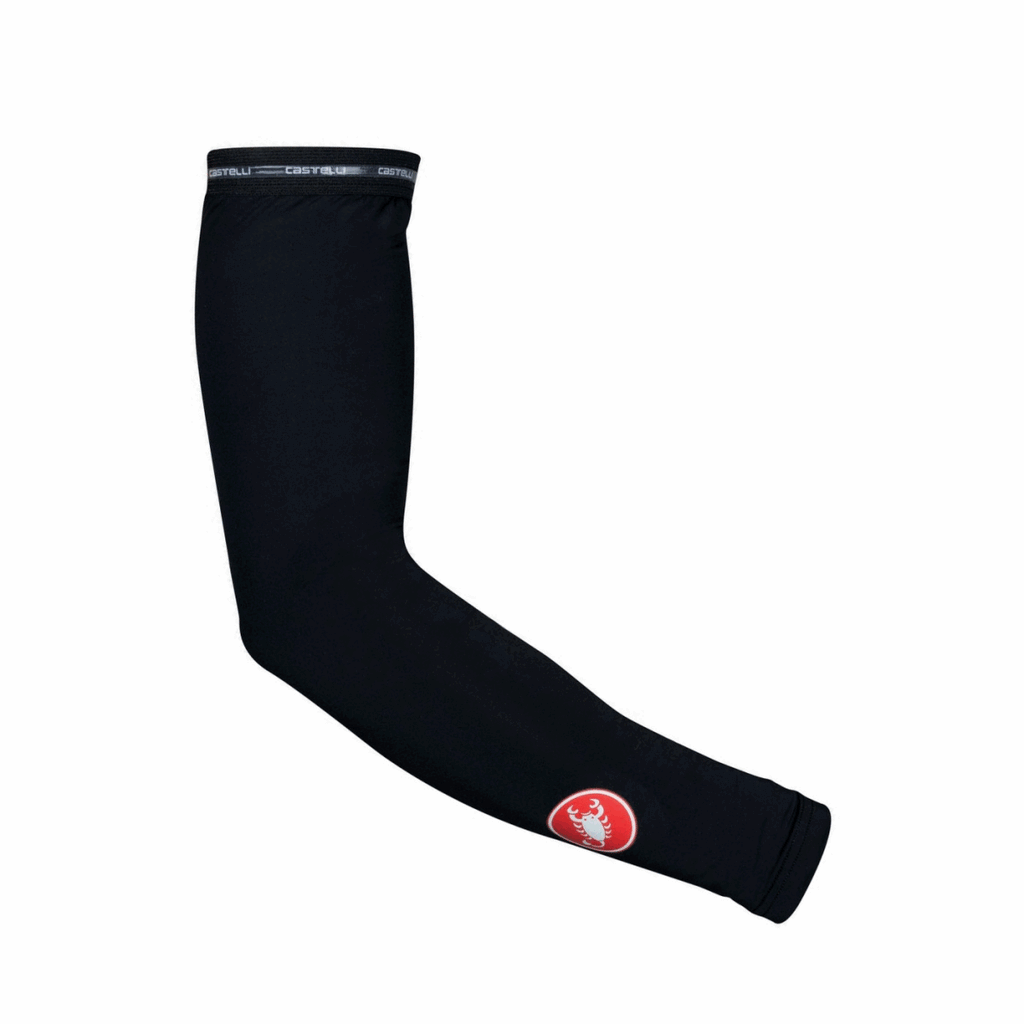 White Castelli UPF 50+ arm sleeves designed for coolers and warmers, shown on a model's arms.