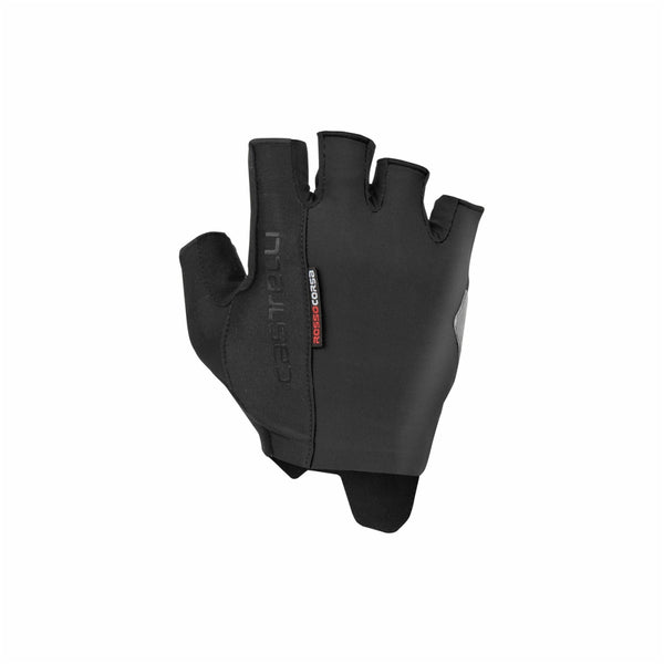 Black Castelli Rosso Corsa Espresso Gel gloves with textured palms and snug fit, designed for cycling comfort and grip