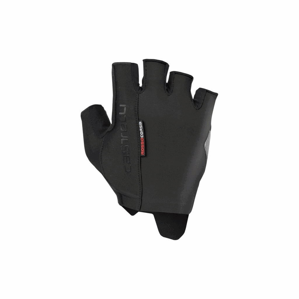 Black Castelli Rosso Corsa Espresso Gel cycling gloves with padded palms and breathable fabric for comfort.