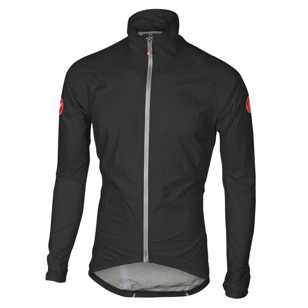 Black Castelli Emergency Rain Jacket for men, lightweight waterproof jacket with hood and adjustable features.