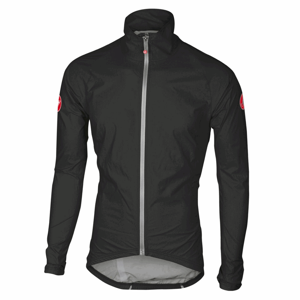 Black Castelli Emergency Rain Jacket for men, lightweight waterproof jacket with adjustable hood and sealed seams.