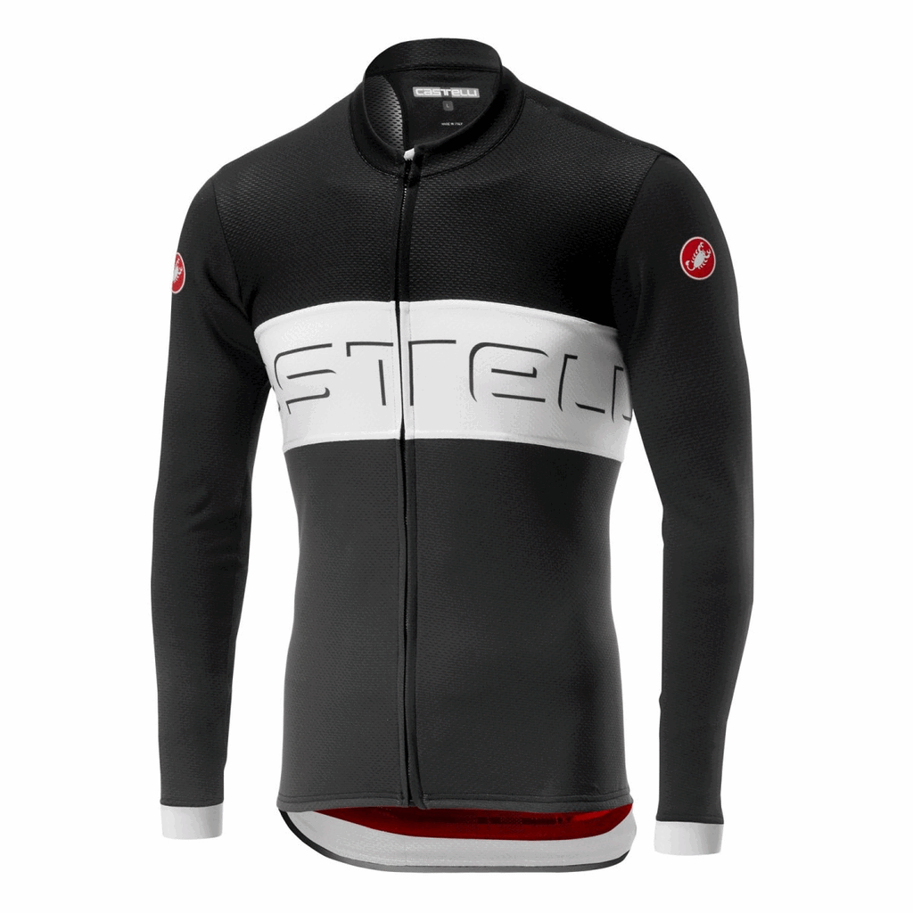 Black and ivory Castelli Prologo VI long sleeve cycling jersey with dark gray accents, made of breathable fabric.