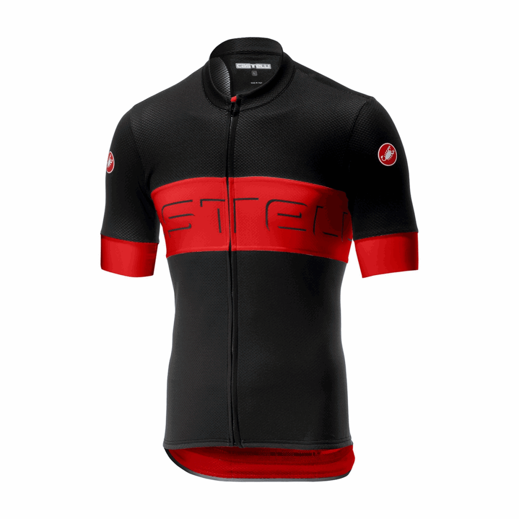 Black and red Castelli Prologo VI cycling jersey with short sleeves, featuring the Castelli logo and a sleek, aerodynamic design.
