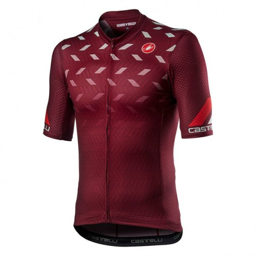 Castelli Avanti Bordeaux cycling jersey with short sleeves and front zipper, made from lightweight, breathable fabric.