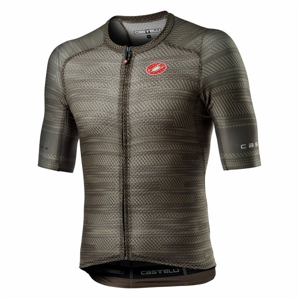 Dark steel blue Castelli Climber's 3.0 Jersey, close-up of breathable cycling jersey with logo and textured fabric details.