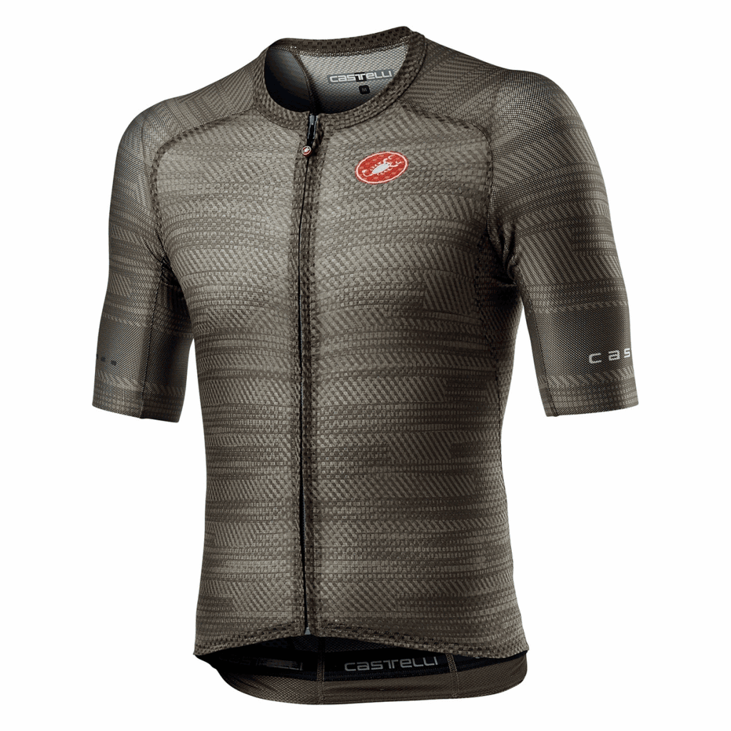 Dark steel blue Castelli Climber's 3.0 Jersey displayed on a hanger, showcasing its fitted cycling jersey design.