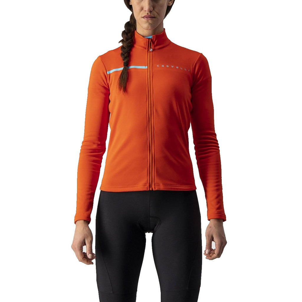 Red and sky blue Castelli Sinergia 2 women's long sleeve winter jersey with thermal fabric and full-length zipper.