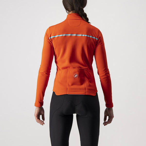 Castelli Sinergia 2 Women's long sleeve winter jersey in fiery red and sky blue, featuring a fitted cycling jersey design.