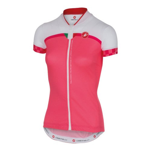 Pink Castelli Duello women's short sleeve cycling jersey with breathable fabric and fitted design.