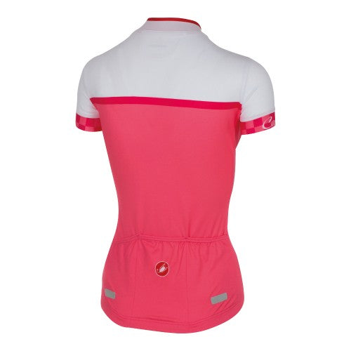 Pink Castelli Duello women's short sleeve cycling jersey with sleek design and breathable fabric, displayed on a hanger.