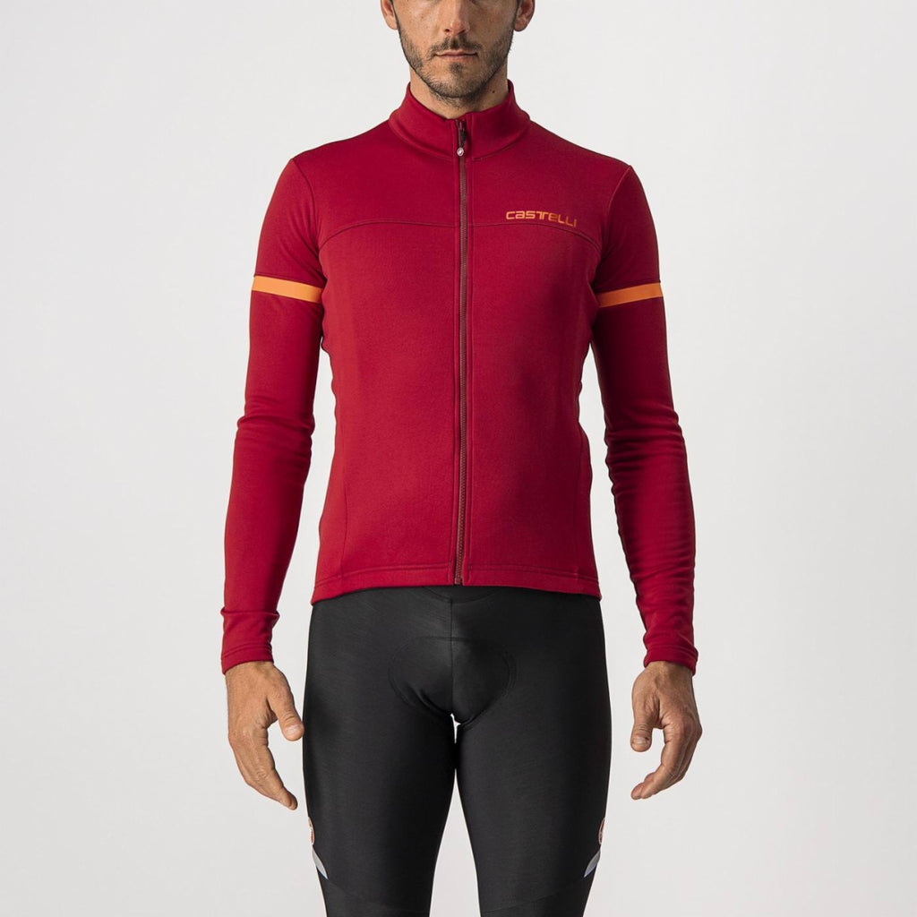 Castelli Fondo 2 winter jersey in red-orange with reflective details, designed for cold-weather cycling.