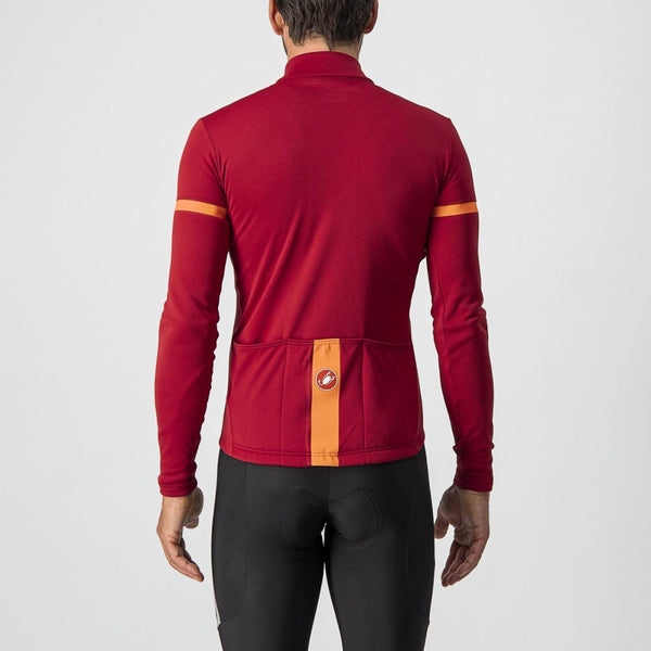 Castelli Fondo 2 winter jersey in red-orange with reflective details, designed for cold weather cycling.