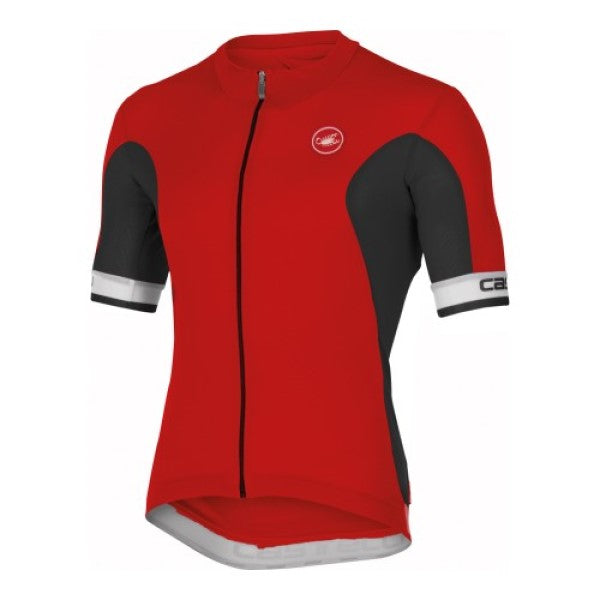 Red, black, and white Castelli Volata cycling jersey showing front view with logo and breathable fabric details.