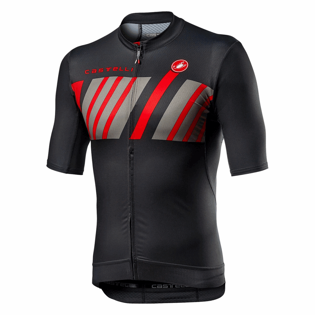 Red Castelli Hors Categorie half-sleeve cycling jersey with logo and breathable fabric, designed for performance and comfort.