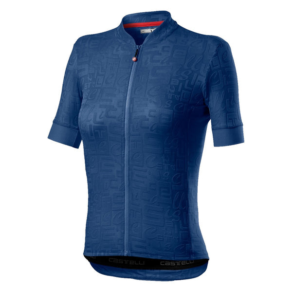 Red Castelli Promessa Jacquard Women's cycling jersey with intricate pattern and comfortable fit, shown on a model.