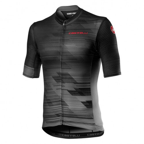 Red and blue Castelli Rapido jersey with short sleeves, featuring a fitted design and race-inspired style.